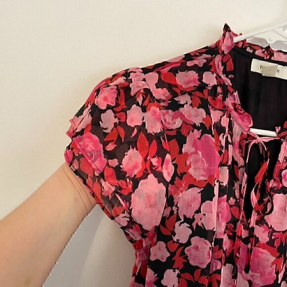 TAMARA H. Short Sleeve Double Ruffle V-Neck Chiffon Blouse Black Pink Red Floral - Picture 7 of 14